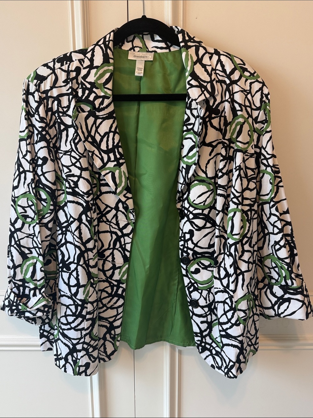 Dress Barn White Blazer with Black Abstract Print and Green Lining